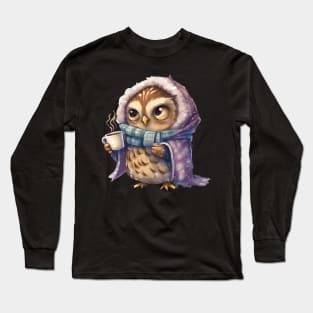 Chibi Owl Drinking Hot Chocolate cute christmas snow design series 2 Long Sleeve T-Shirt